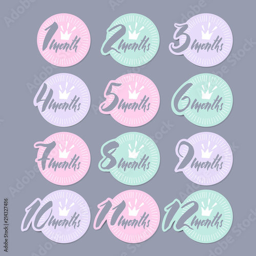 Monthly baby milestone  with  lettering elements. Vector illustration. Soft pastel baby colors. On a gray background. Stickers.