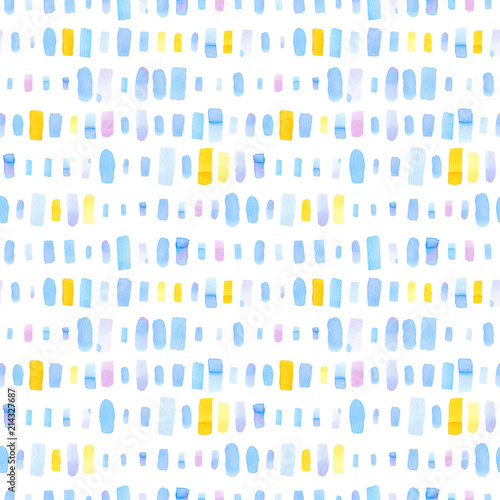 Seamless pattern with abstract geometric figures. Watercolor vertical stripes of different sizes lined up in rows, blue, yellow and violet colors.