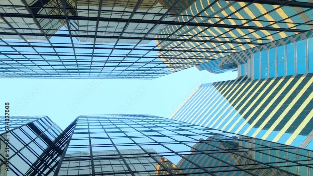 Bottom view of modern skyscrapers in business district against blue sky. Futuristic modern architecture building. Financial economy growth concept. follow shot Bottom view of modern skyscrapers in business district against blue sky. Futuristic modern architecture building. Financial economy growth concept. follow shot