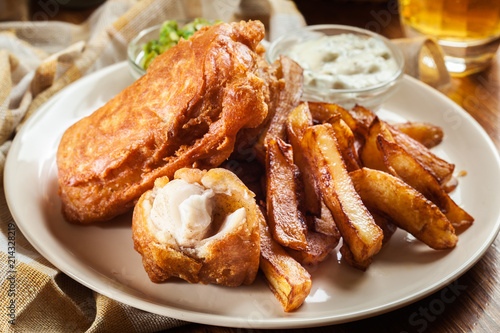 Traditional fish in beer batter and chips