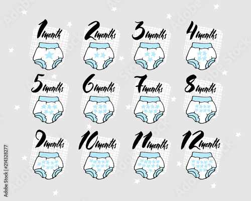 Monthly baby milestone  with  lettering elements. Boys' panties. Vector illustration. Gentle gray and light blue colors. Stickers.