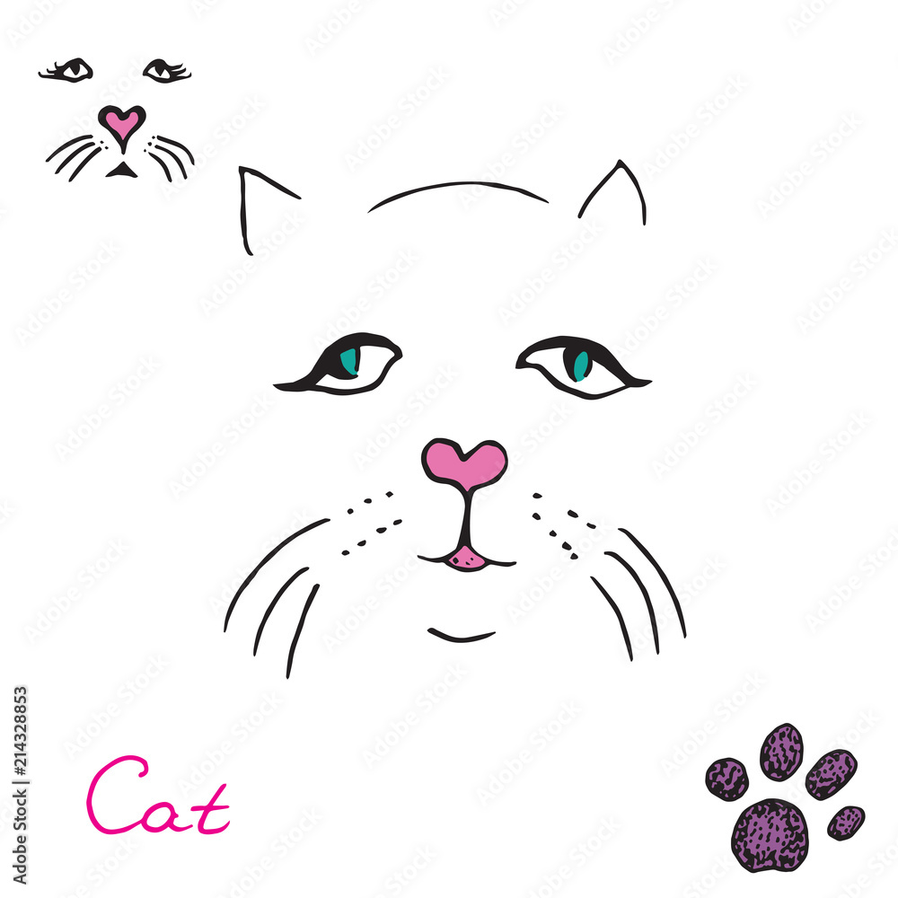 Cat set, paw print and face, hand drawn doodle, sketch, outline black and white vector Cat set, paw print and face, hand drawn doodle, sketch, outline black and white vector