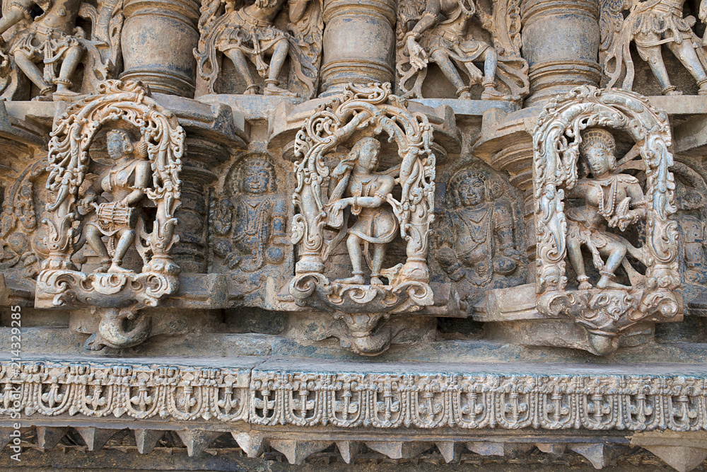 Decorative friezes with animals, dancers and other figures, Chennakeshava temple. Belur, Karnataka.