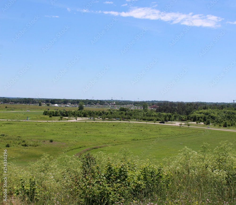A view of the green grass landscape from the hilltop.