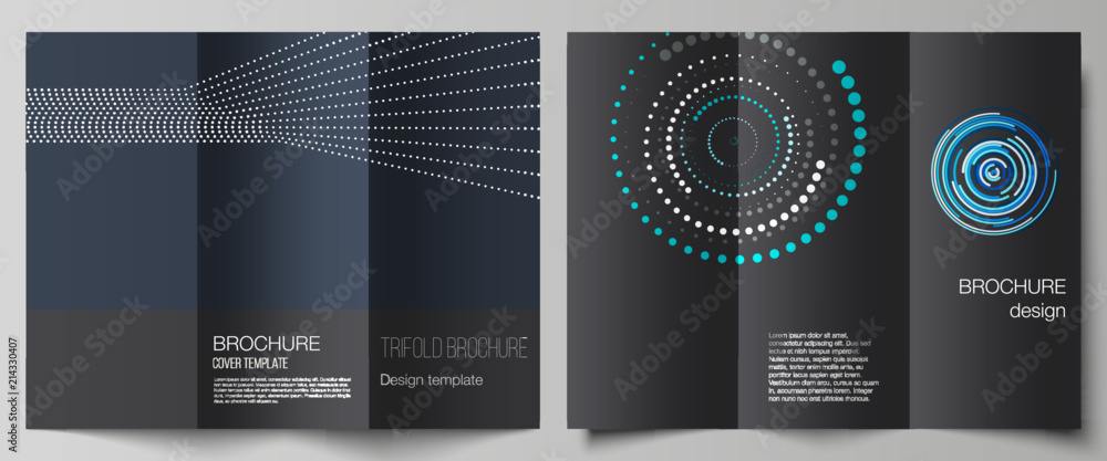 The minimal vector illustration of editable layouts. Modern creative covers design templates for trifold brochure or flyer with simple geometric background made from dots, circles.