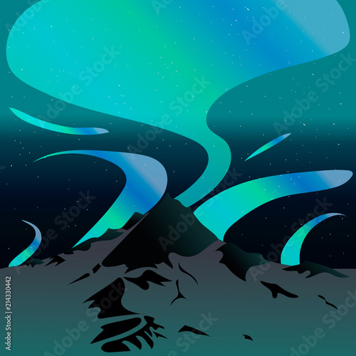 Winter landscape. Forest, aurora polaris, nature, snow, vector