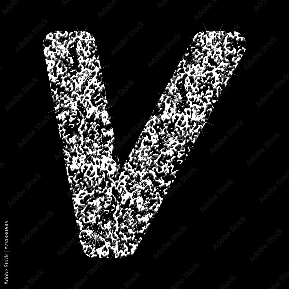 Silver glittering letter V. Vector shining silver sparkling letter on black background. Silver glittering letter V. Vector shining silver sparkling letter on black background.