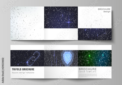The minimal vector layout of two square format covers design templates for trifold square brochure, flyer. Binary code background. AI, big data, coding or hacker concept, digital technology background