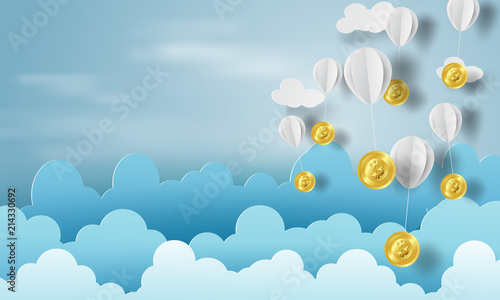 Paper art of balloon with bitcoin money on business and management concept and idea,blue sky,cloud,vector