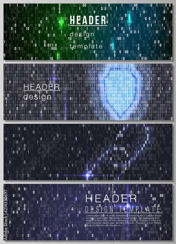 The minimalistic vector illustration of the editable layout of headers, banner design templates. Binary code background. AI, big data, coding or hacker concept, digital technology background.