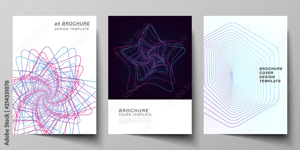 Vector layout of A4 format cover mockups design templates for brochure, flyer, booklet, report. Random chaotic lines that creat real shapes. Chaos pattern, abstract texture. Order vs chaos concept.