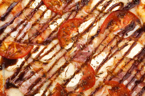 Close-up of barbecue chicken pizza, BBQ pizza texture