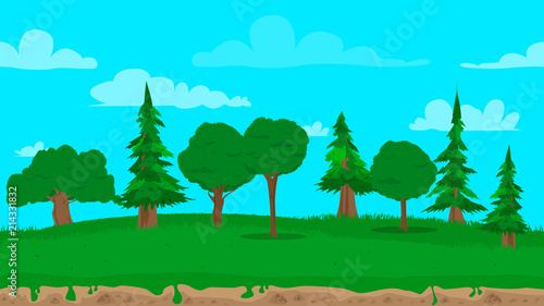 Cartoon seamless nature landscape background illustration, endless field for games and animations.