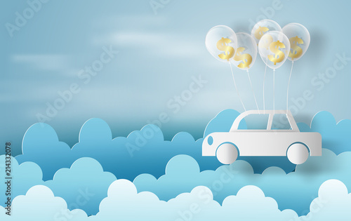 Paper art of balloon with dollar sign money on business and car concept and idea,blue sky,cloud,vector