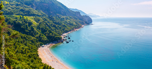View from above on the Adriatic sea coastline at Montenegro, nature landscape, vacations to the summer paradise, panoramic view