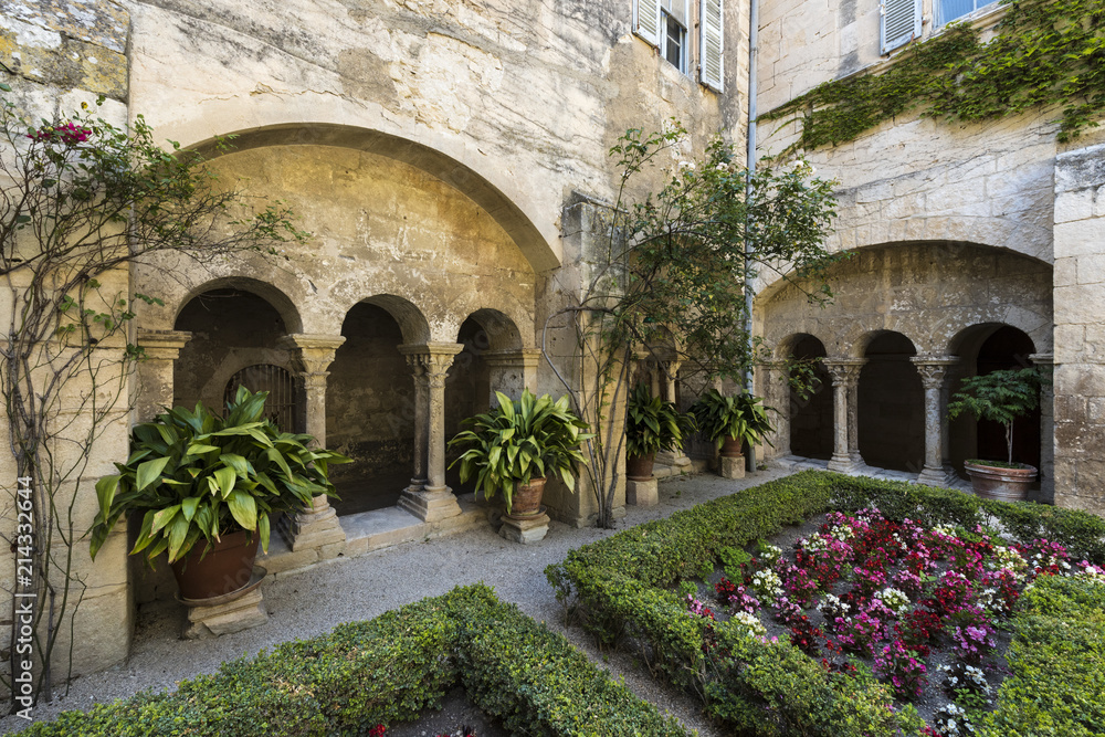 Cloister of the Monastery of San Paul de Mausole at Saint-Remy de Provence, where Van Gogh spent in 1889. Bouches du Rhone, Provence, France.