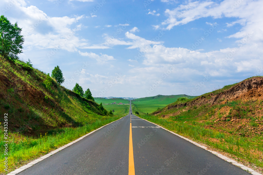 The straight asphalt road with the prairie
