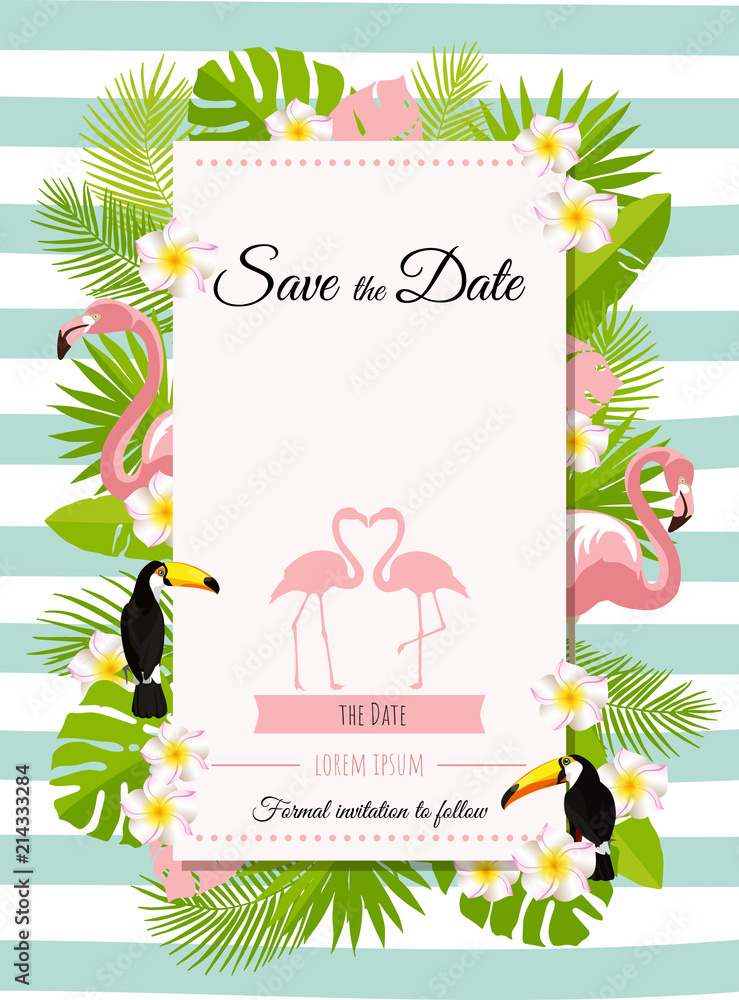 Wedding, Save the Date design template. Tropical abstract vector illustration