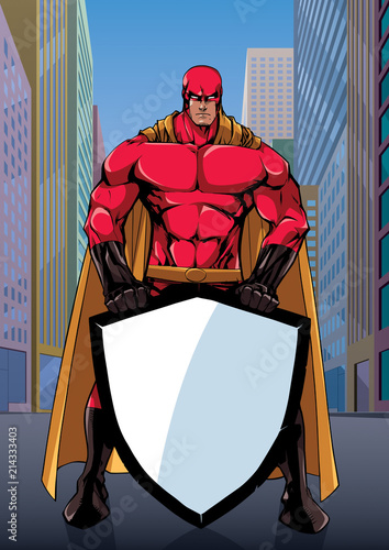 Illustration of powerful superhero holding big shield on city background.