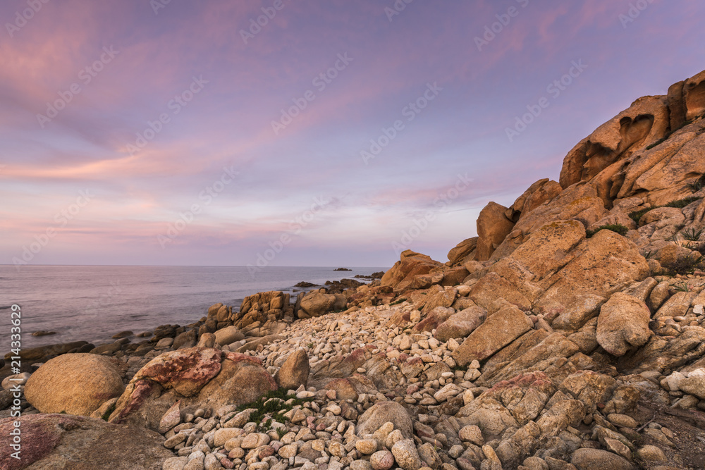 Exceptional rock formation and sunset at Capo Comino, Siniscola, Nuoro Province, Sardinia, Italy 