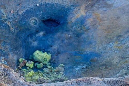 Blue and yellow colors of the soil due to sulphur in Hverir Iceland
