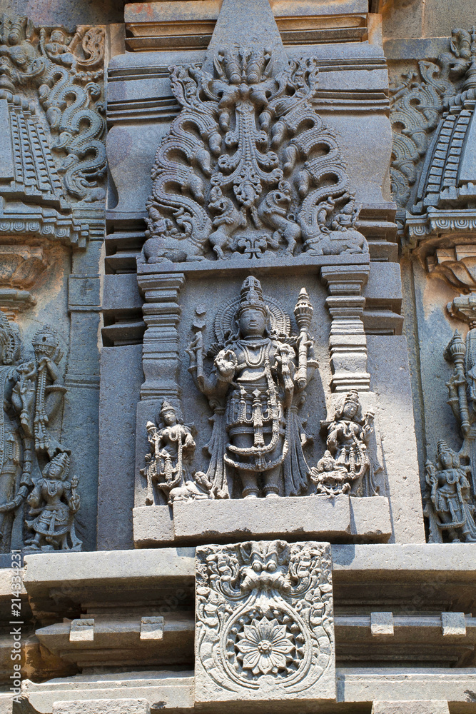Ornate wall panel reliefs depicting Lord Shiva, Chennakesava temple, Belur, Karnataka.