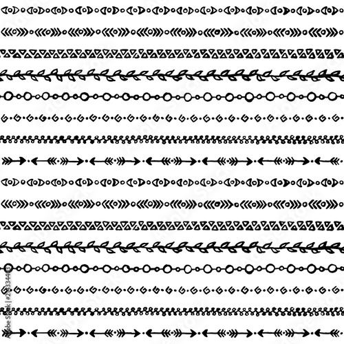 Black and white monochrome abstract ethnic tribal stripe border grunge sketch art seamless pattern texture background vector