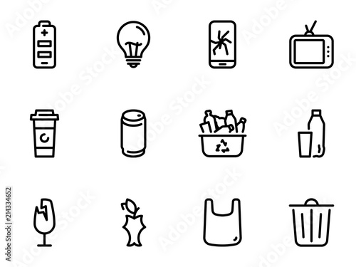 Set of black vector icons, isolated on white background, on theme Separation of domestic waste and waste sorting