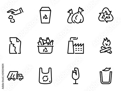 Set of black vector icons, isolated on white background, on theme Recycling and removal of garbage to landfill