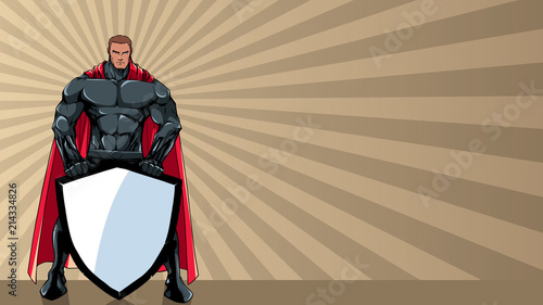 Powerful superhero holding big shield with copy space.