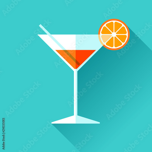 Glass for vermouth icon in flat style, wineglass on color background. Alcohol cocktail with lemon and straw. Vector design elements for you business project 
