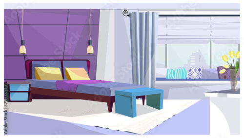 Hotel room with bed in purple color vector illustration. Bedroom with hanging lamps and cushions on window-sill. Interior illustration