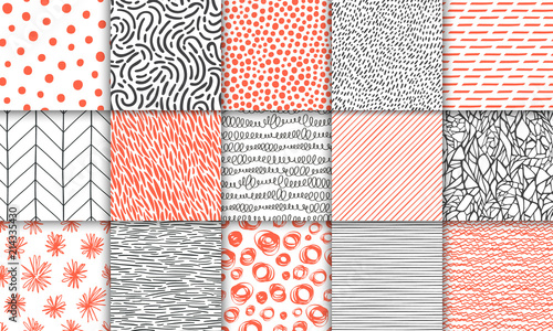 Abstract hand drawn geometric simple minimalistic seamless patterns set. Polka dot, stripes, waves, random symbols textures. Bright colorful vector illustration. Template for your design photo
