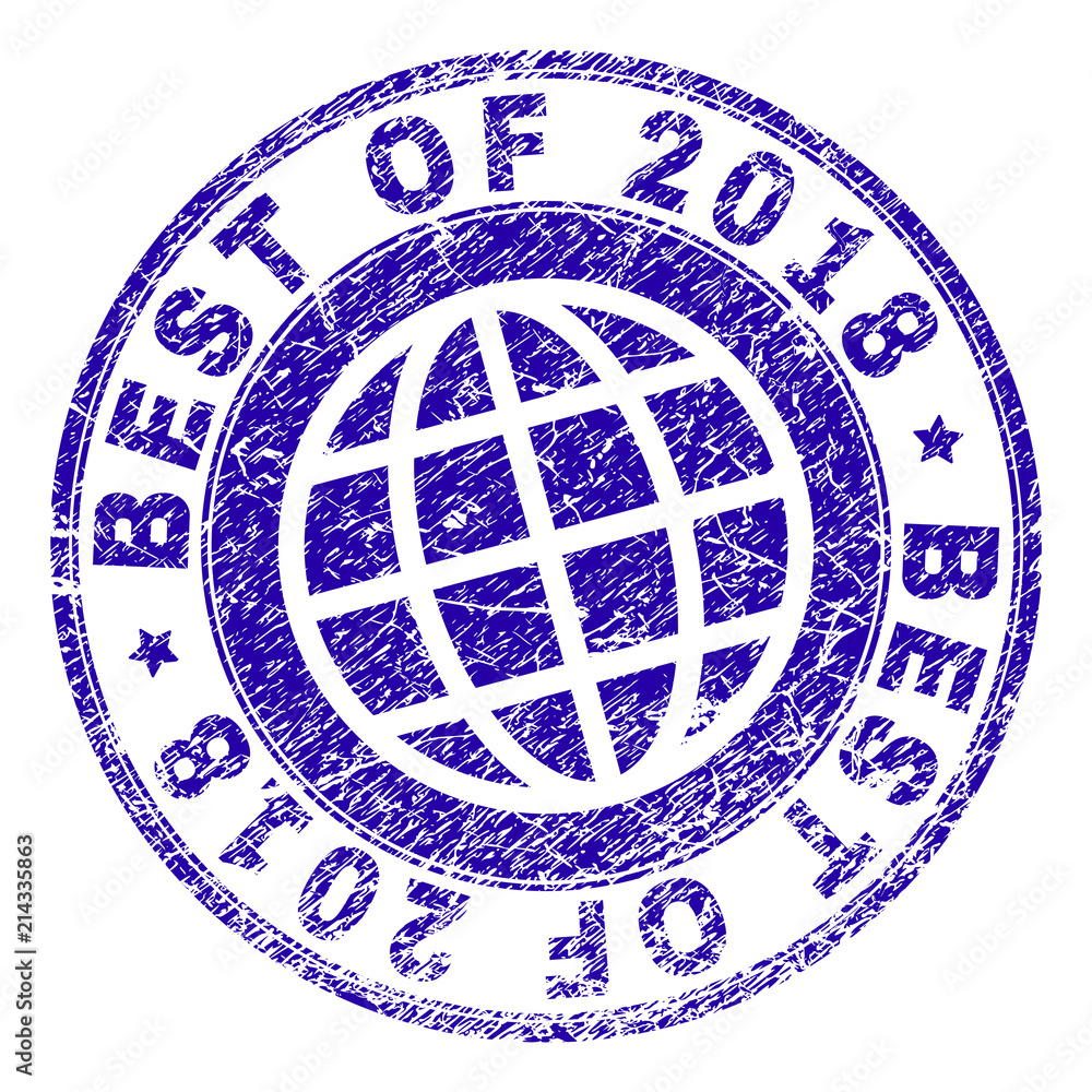 BEST OF 2018 stamp imprint with grunge texture. Blue vector rubber seal imprint of BEST OF 2018 text with grunge texture. Seal has words arranged by circle and planet symbol.