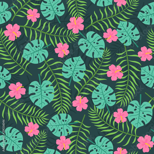 Tropical botanic seamless pattern. Vector hand drawn background