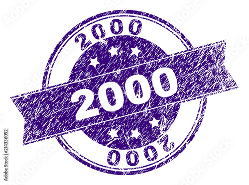 2000 stamp seal watermark with distress texture. Designed with ribbon and circles. Violet vector rubber print of 2000 tag with corroded texture.
