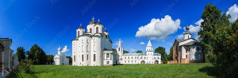 Veliky Novgorod (Great Novgorod), Russia. Panorama of ancient churches on Yaroslav Courtyard in historical center.