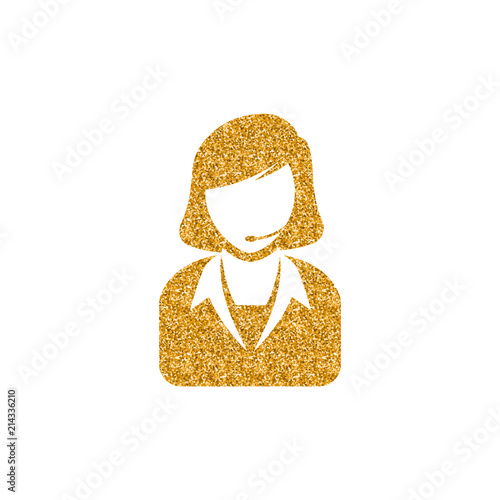 Female receptionist icon in gold glitter texture. Sparkle luxury style vector illustration.