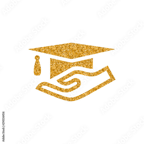Hand holding diploma icon in gold glitter texture. Sparkle luxury style vector illustration.