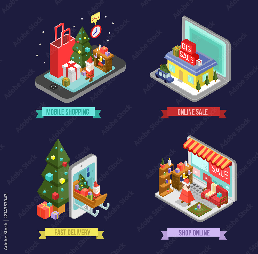 Set of isometric Christmas shopping icons. Internet shopping in smartphone with Christmas decorations. Online store in laptop with building and home interior. Isometric delivery icon.