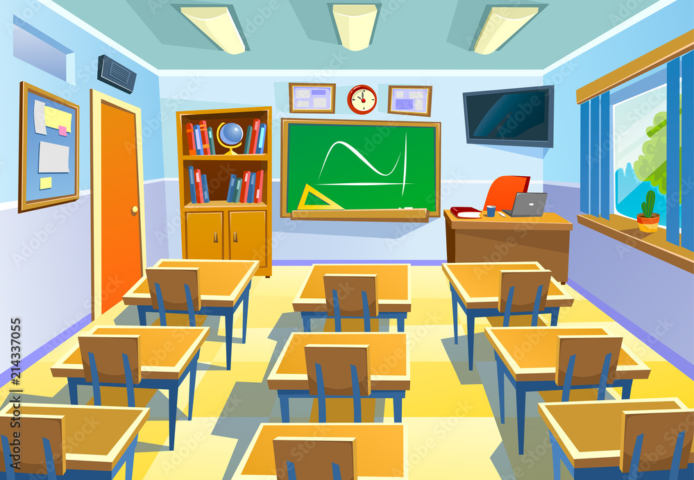Empty classroom background in cartoon style. Class room colorful interior  with chalkboard desks and school supplies. Vector Illustration for poster,  flyer or background. Stock Vector | Adobe Stock