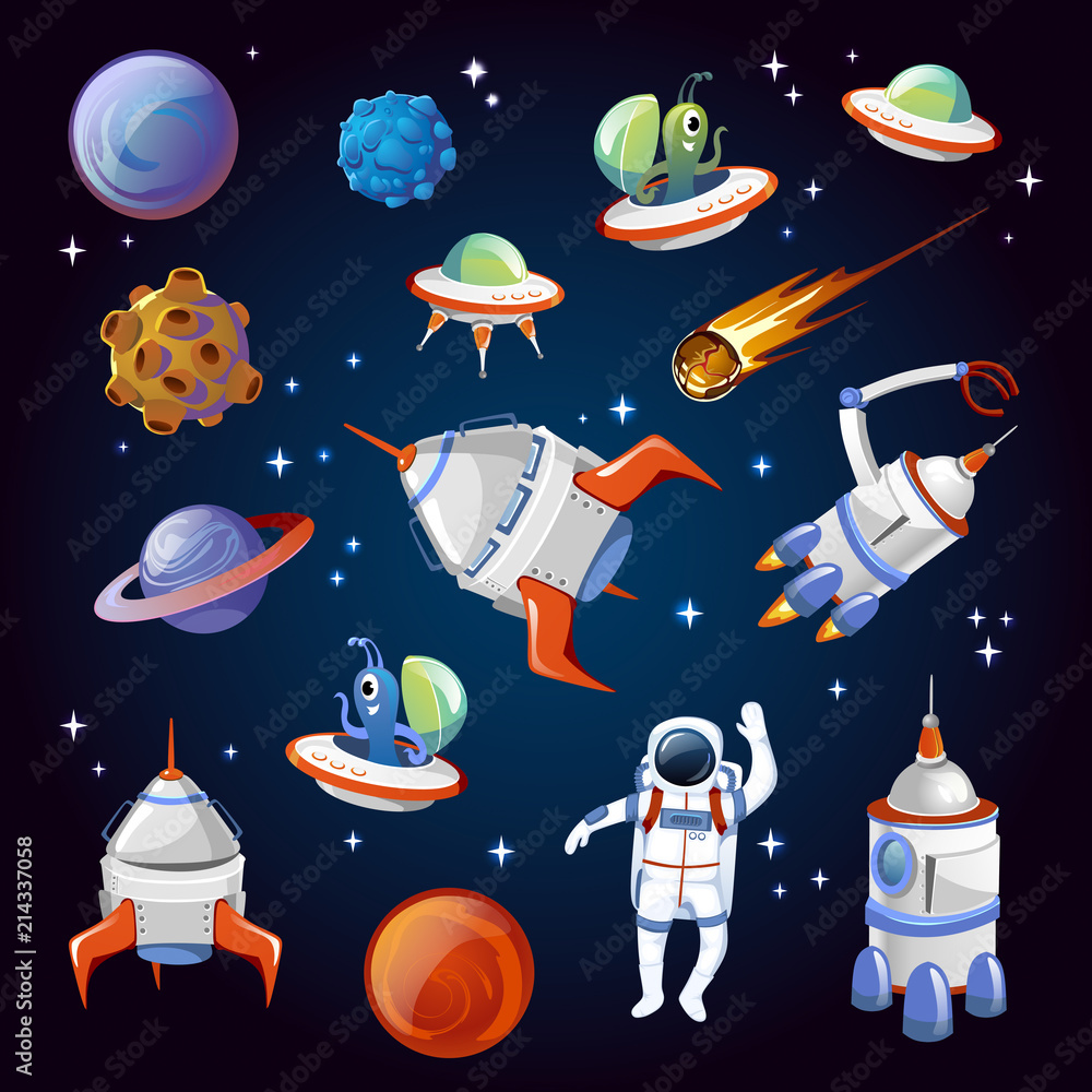 Set of colorful cartoon space elements. Aliens, planets, asteroids,  spaceships, stars and astronauts. Universe vector illustration. Stock  Vector | Adobe Stock