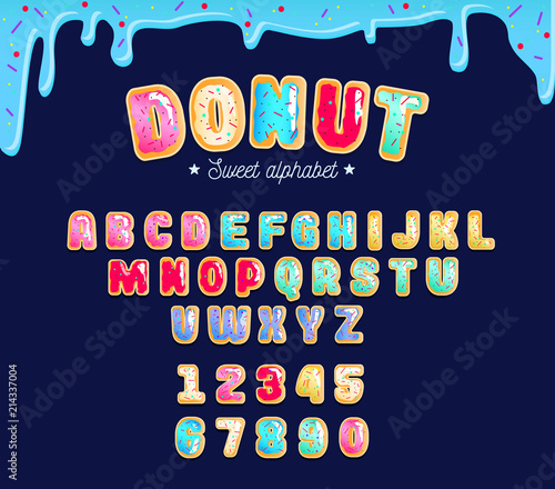 Sweet donut type font with different glaze. Colorful donut alphabet card for party, poster or flyer.