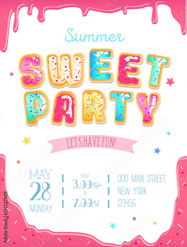 Party cute invitation design. Sweet donut party poster for birthday party, kid's zone or summer camp. Vector illustration.