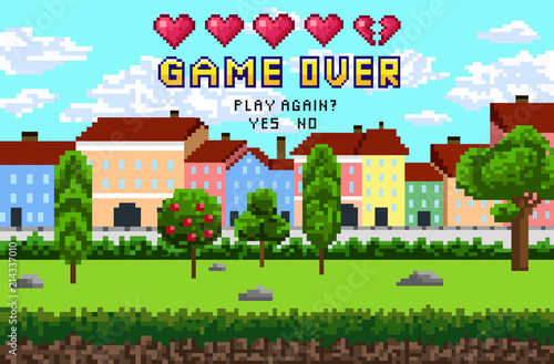 Game over pixel are design with city landscape, sky and trees. Pixel inscription "Game over.Play again?" with five hearts. Vector illustration.