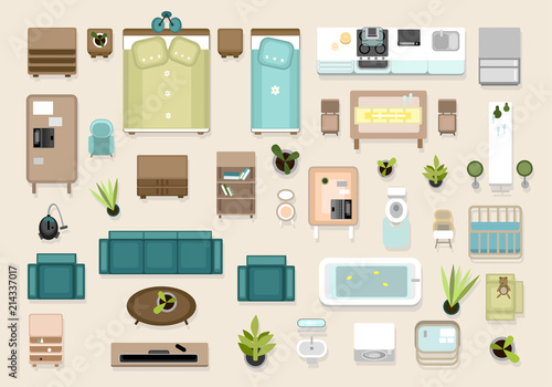 Interior top view elements set. Bedroom, nursery, living roon, kitchen, bathroom. Apatrment furniture set.