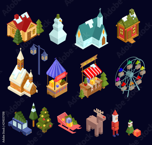 Christmas market and city isometric set isolated on navy blue background. Vector illustration