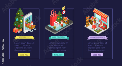 Set of isometric Christmas shopping icons. Internet shopping in smartphone with Christmas decorations. Online store in laptop with building and home interior. Isometric delivery icon.