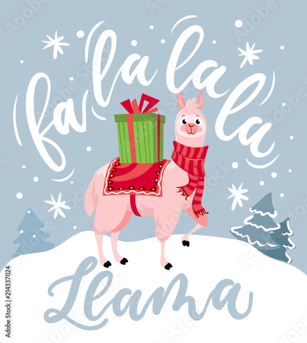 Cute llama Christmas card with lettering inscription "Fa la la la llama". New Year greeting card.
