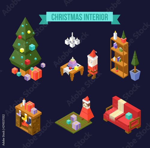 Set of isometric Christmas interior elements isolated on navy blue background. Christmas tree with gifts, Santa Claus, Book shelf, fireplace, girl with presents and sofa. Christmas isometric apartment